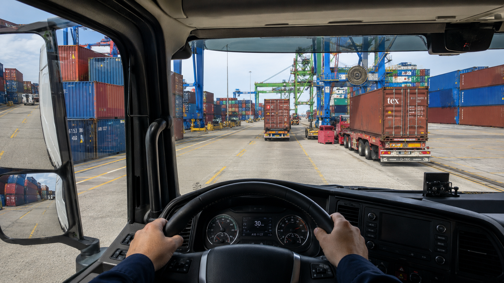 Vista desde cabina de camión operando en terminal portuaria de Chile